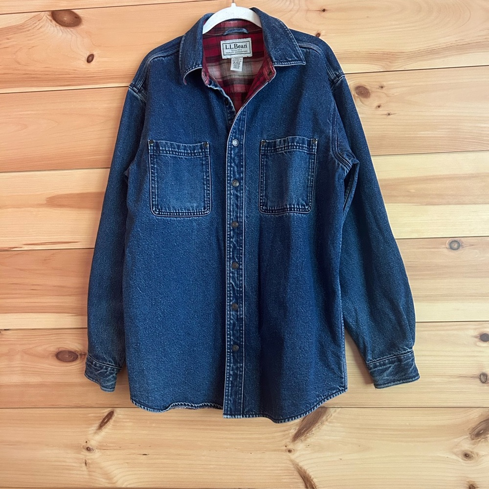 L.L. Bean Denim Shirt Shacket with Red Plaid Flannel Lining